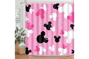BIYSUC Pink Mouse Head Shower Curtain Black and White Children Cartoons Kids Bath Curtain Cute Animal Grey Bathroom Home Decor Waterproof Polyester Fabric 72Lx72W Inch with 12 Pack Hooks