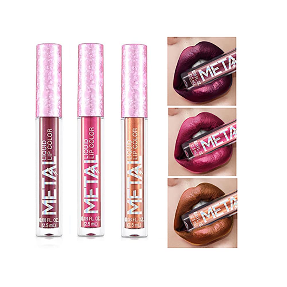 HonHe 3-pack of color metallic liquid lipstick, metallic lipstick with high color rendering, waterproof, long-lasting, non-stick cup (02#)