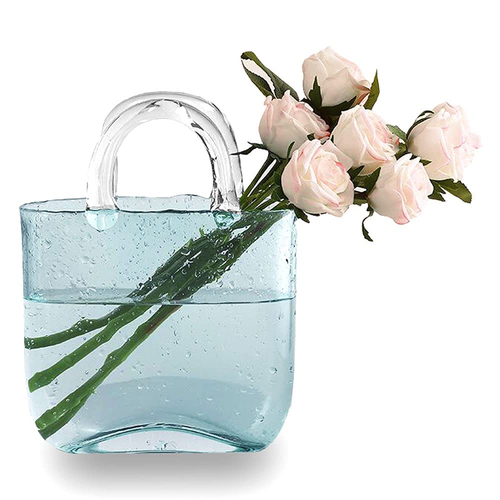 Candora Bag Glass Vases for Decor Creative Bubble Handbag Flower Vase Desktop Glass Basket Vase Mini Crystal Fish Tank for Table Centerpieces, Kitchen, Office Living Room (Blue)