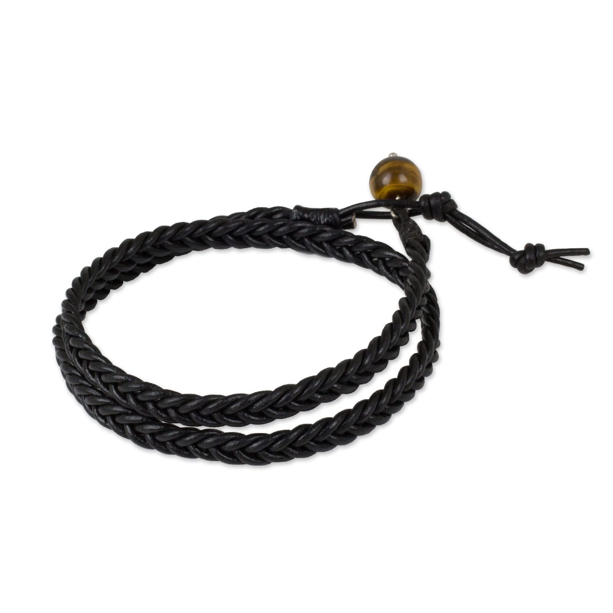 NOVICA Men's Tiger's Eye Black Braided Leather Men's Wrap Bracelet, 16.5" 'Double Ebony'