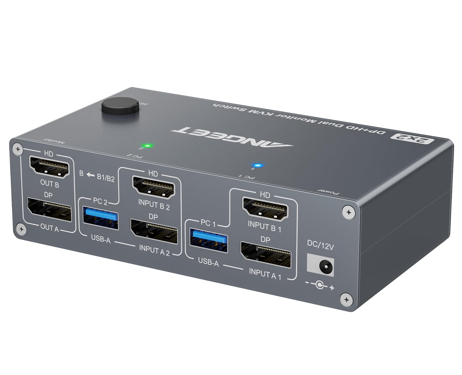 KVM Switch 2 Monitors 2 Computers 8K@60Hz, 4K@144Hz, ANGEET HDMI and Displayport Dual Monitor KVM Switch with 4 USB 3.0 Port for Keyboard Mouse Printer, with Wired Remote, Power Adapter and USB Cable