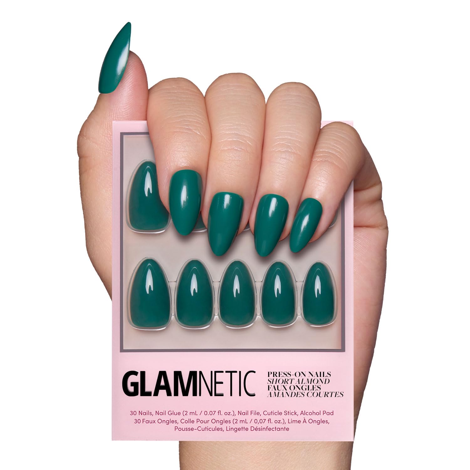 Glamnetic Press On Nails - Emerald Green | Opaque Cool Tone, Deep Emerald Green Short Almond Short Almond False Nails, Reusable Stick On Fake Nails with Glue | Salon Quality | 15 Sizes - 30 Nail Kit