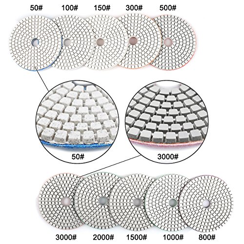 ADVcer Wet Diamond Polishing Pads Set, 4" 10 Pads 50 to 3000 Grit with 5/8" 11 Arbor Polisher Hook and Loop Backing Plate - Ideal Buffing Kit for Granite Concrete Marble Stone Countertop Tile Grinder - Thumbnail 3