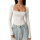 QINSEN Women's Sexy Square Neck Shirt Long Sleeve Double Lined Tees Fitted Going Out Tops