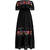 ABEHIK Mexican Dress for Women Traditional Off Shoulder Embroidered Present Casual Lace Long Maxi Dress Cinco de Mayo Outfit
