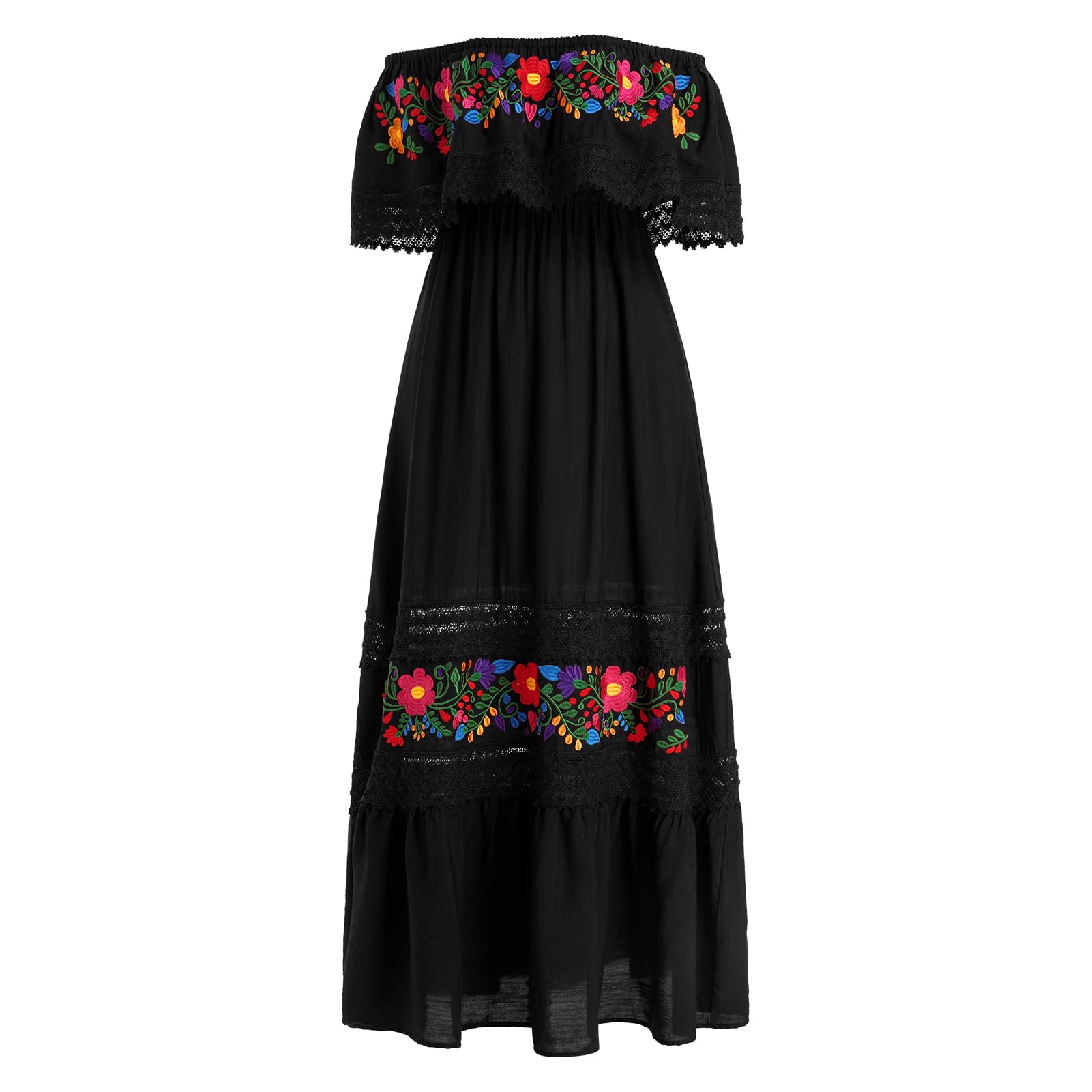Photo 1 of ABEHIK Mexican Dress for Women Traditional Off Shoulder Embroidered Present Casual Sexy Lace Long Maxi Dress Summer Floral Print Cinco de Mayo Fiesta Dresses Black M