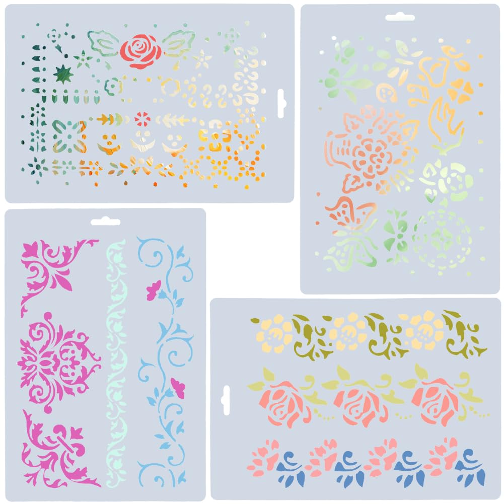 GORGECRAFT 4 Styles Border Line Stencils Leaf Vine Templates Rose Morning Glory Flowers Basket Dotting Painting Reusable Plastic Drawing Stencils for Wood Wall Corner Furniture Tile Scrapbook Decor