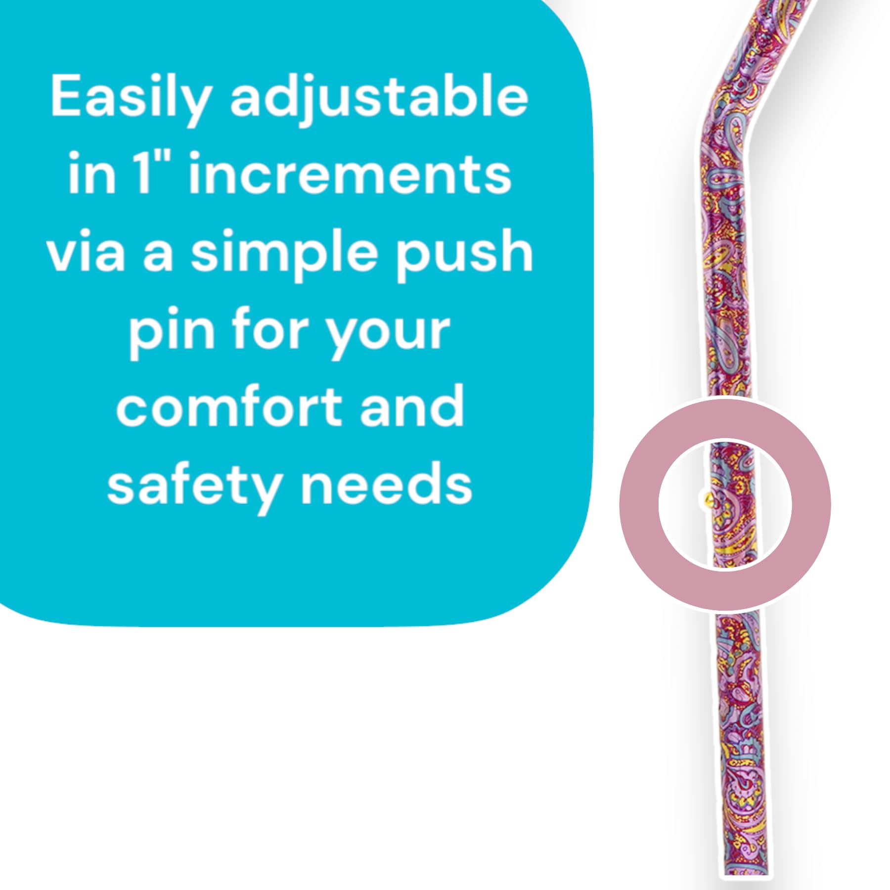 Essential Medical Supply Designer Height Adjustable Offset Handle Walking Cane with Soft Foam Grip, Extra Stable Design and Fashion Pattern in Paisley