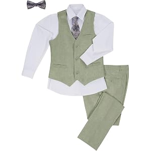 Trasign Boys Linen Suit 5 Piece Dress Tuxedo Kids Wedding Suits Vest Set | linen suits with vest, pants, shirt with tie and b