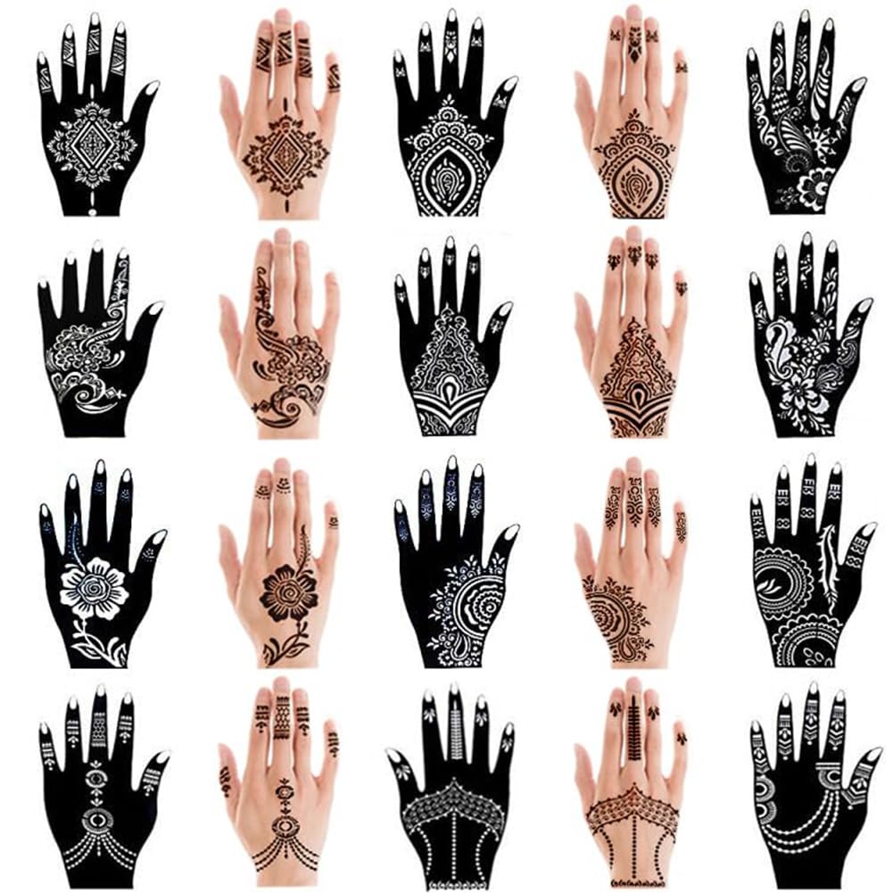 XMASIR 20 Pieces Temporary Tattoo Hand Stencils Kit for Women Girl, Indian Arabian Tattoo Sticker Tattoos Templates 20 X 10.5 cm