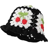 Ahouws Crochet Bucket Hat for Women Handmade Knitted Cherry Cap Elastic Cute