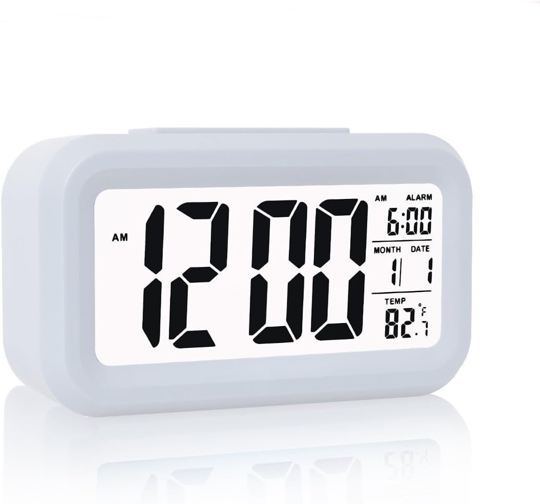 Alarm Clock, Eridge LCD Digital Alarm Clock Battery Operated for Home Office (Snooze Function, Soft Backlight Temperature Display)-White