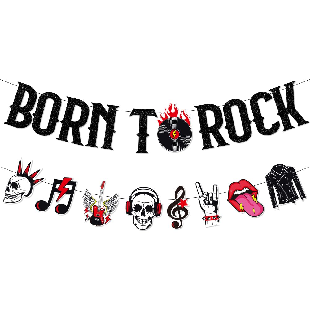 Rock and Roll Party Banner Decoration,Born to Rock Glitter Banner Garland Music Theme Skull Music Note Guitar Hanging Bunting Banner Party Backdrop for 50s Rock Music Party Decoration Supplies