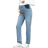 BLENCOT Women's Maternity Jeans Mid-Rise Elastic Waist Pregnancy Work Pants Ripped Leg Jean Pockets S-2XL