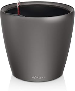 Lechuza Classico 28 LS Self Watering Planter Garden Flower Plant Pot Indoor/Outdoor Table Planter with Drainage Hole and Plant Substrate Poly Resin D28 H26 cm Charcoal Metallic
