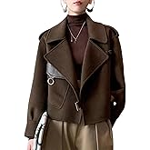 utcoco Women Cropped Wool Coats Warm Pea Coat Notched Lapel Open Front Trench Overcoat Jackets with Pockets