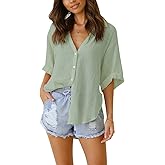 Womens Button Down Linen Shirts V Neck Roll Up Cuffed Sleeve Blouses Loose Collared Shirt Casual Formal Work Office Tops
