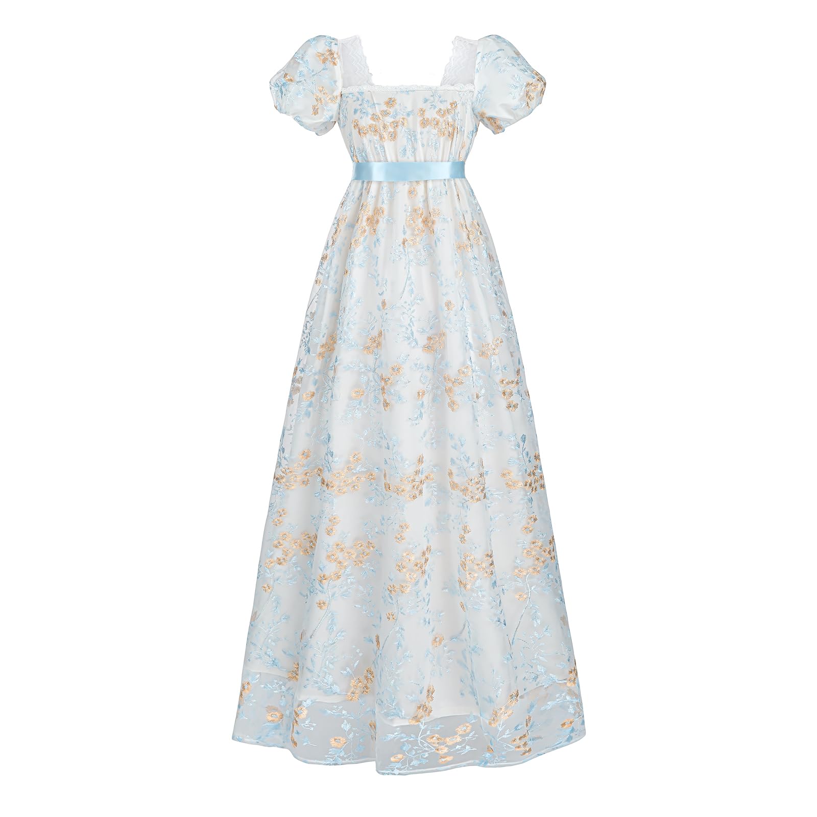 Photo 1 of LTAKK Regency Dress Women Regency Costume Empire Waist Tea Party Victorian Gown with Sash, Blue Gold Embroidery, Small