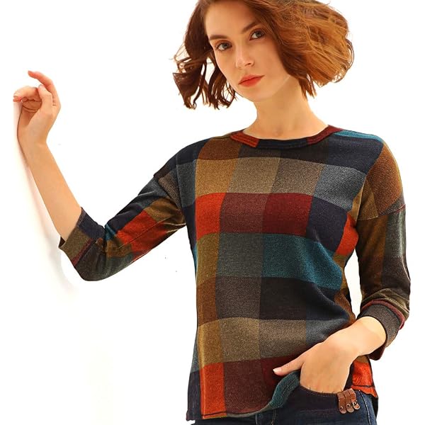 QACOHU Women's Triple Color Block T-Shirt - Twist Knot Front, Round Neck Long Sleeve, Loose Fit Casual Top
