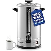 Elite Gourmet 100-Cup Commercial Coffee Urn &amp; Hot Water Boiler, Dual-Wall | Dripless Faucet, Stainless Steel, CCM810
