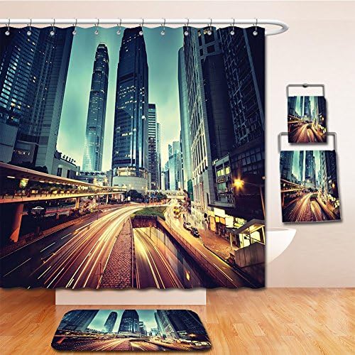 LiczHome Bath Suit: Showercurtain Bathrug Bathtowel Handtowel Dorm Room Tapestry City Decor Cityscape Picture of Traffic in Hong Kong at Sunset Print Living Kids Girls Boys Room Accessories Tapestry