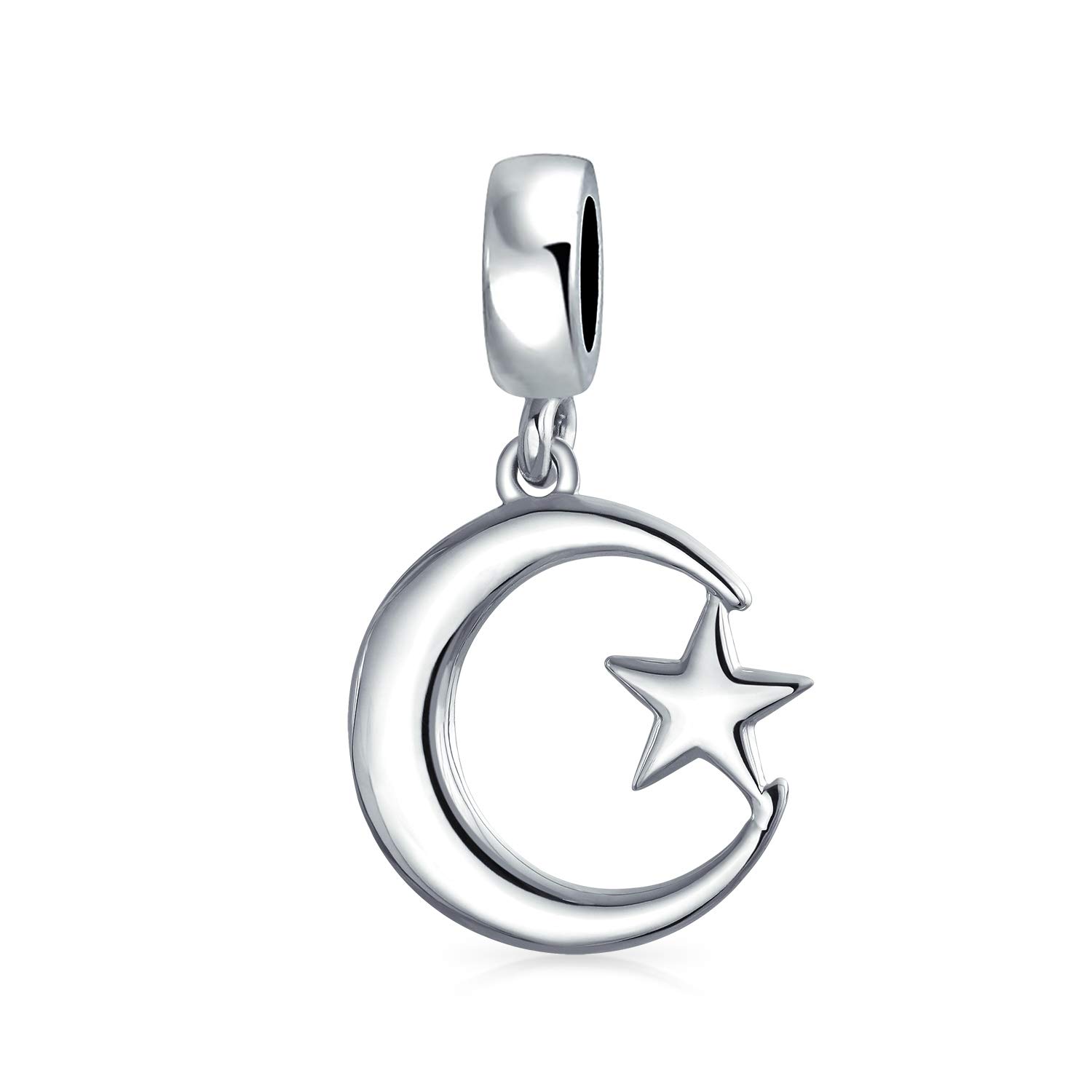 Bling Jewelry Inspirational Celestial Moon And Star Muslim Support Symbol Dangle Bead Charm For Women Teens .925 Sterling Silver Fits European Bracelet
