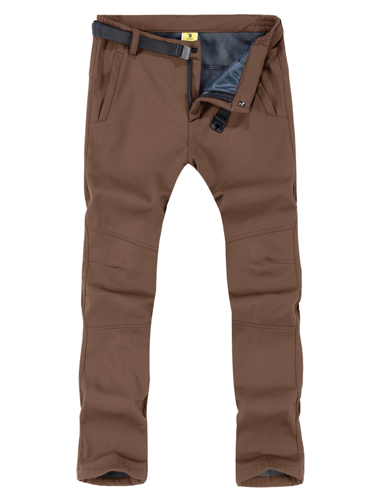 TBMPOY Men's Snow Ski Hiking Pants Waterproof Winter Fleece Lined Pants Camping Skiing Ice Fishing Pants with Belt 01 Thick Brown S Image