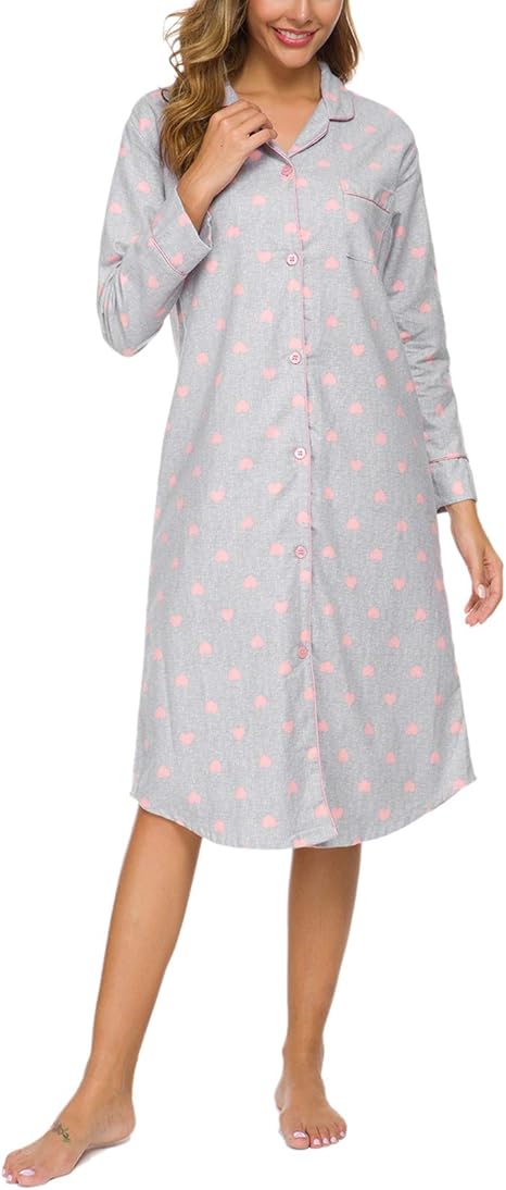 Amonida Women S Cotton Nightgown Sleepwear Long Sleeves Casual Print Sleepdress S Xxl