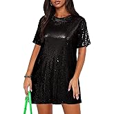 ENOPINK Women's Crew Neck Sequin Dress for Women Sexy V Neck Shirt Dresses Sparkly Shift Mini Dress