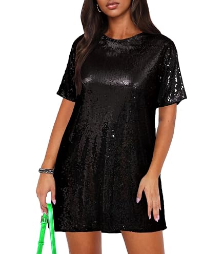 cu4eve Sequin T Shirt Dress for Women, Women's Summer Sparkly Glitter Short Sleeve Midi T-Shirt Dress Plus Size Loose Blouse Pink at Amazon Women's Clothing store