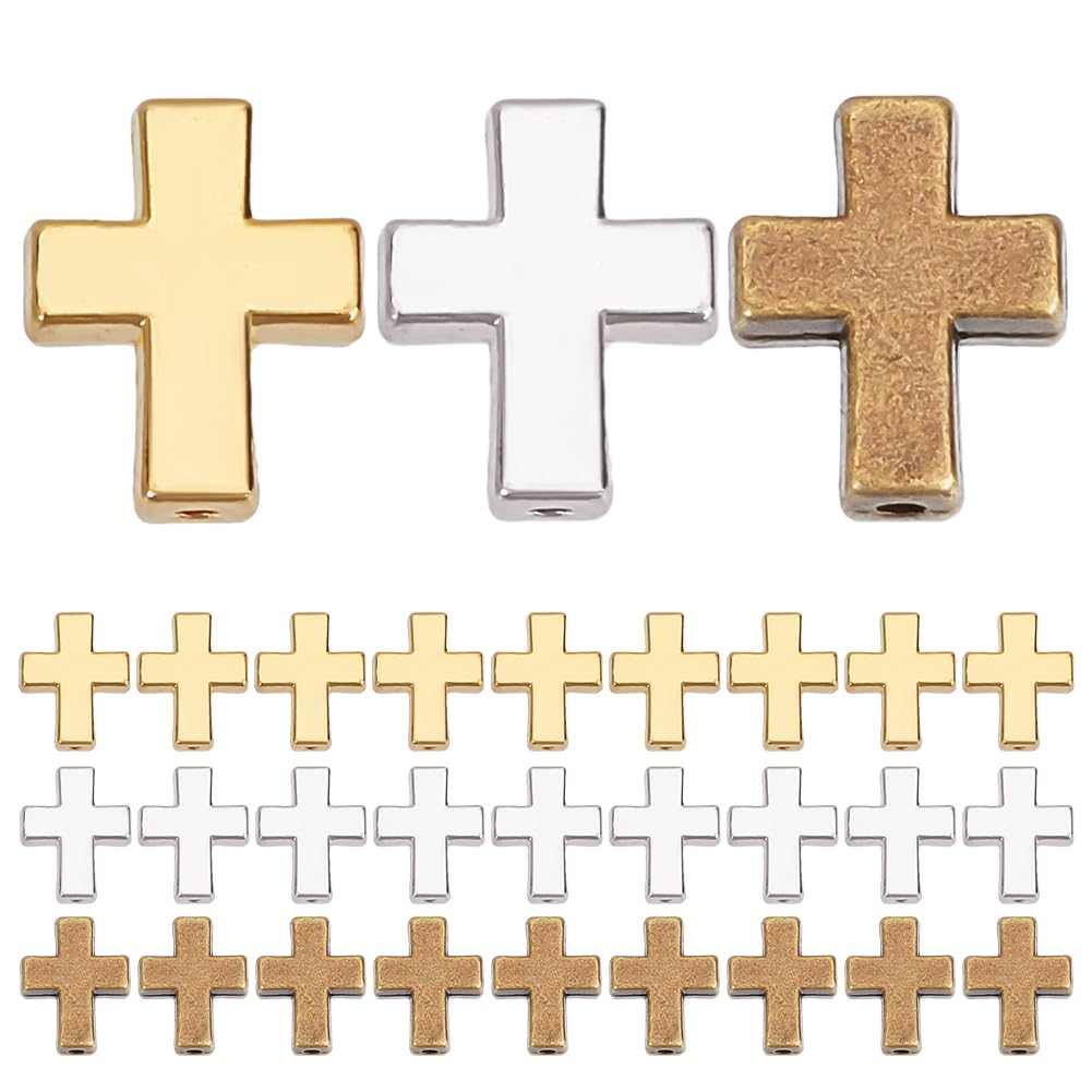 HOBBIESAY 30Pcs Cross Spacer Beads 3 Colors Gold Silver Antique Bronze Crucifix Cross Charm 15mm Metal Connector Bead for for DIY Bracelets Earring Necklace Jewelry Making,Hole:2mm