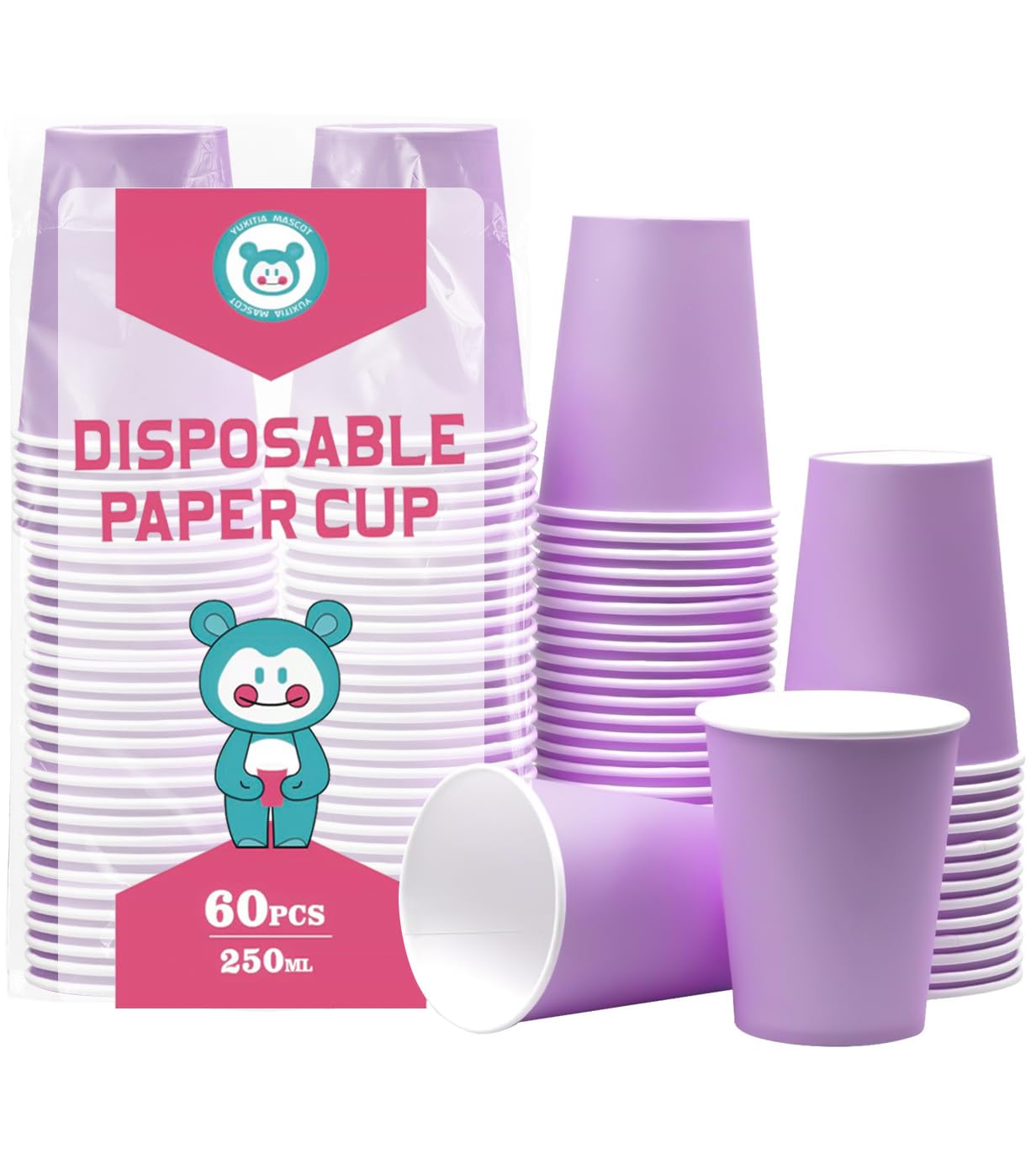Yuxitia Disposable Paper Cups,60pcs Color Paper Cups For DIY Wedding Christmas Party Picnic BBQ Travel and Event 8OZ (Light purple)
