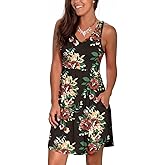 Atizon Casual Summer T Shirt Dress for Women V Neck Swing Elastic Tunic Short Sundress with Pockets