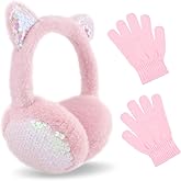 LCTWFY Cute Cat Earmuffs with Gloves, Adjustable Girl Boy Ear Warmer, Sequins Ear Covers, Kid Ear Protection, Warm Ear Muffs