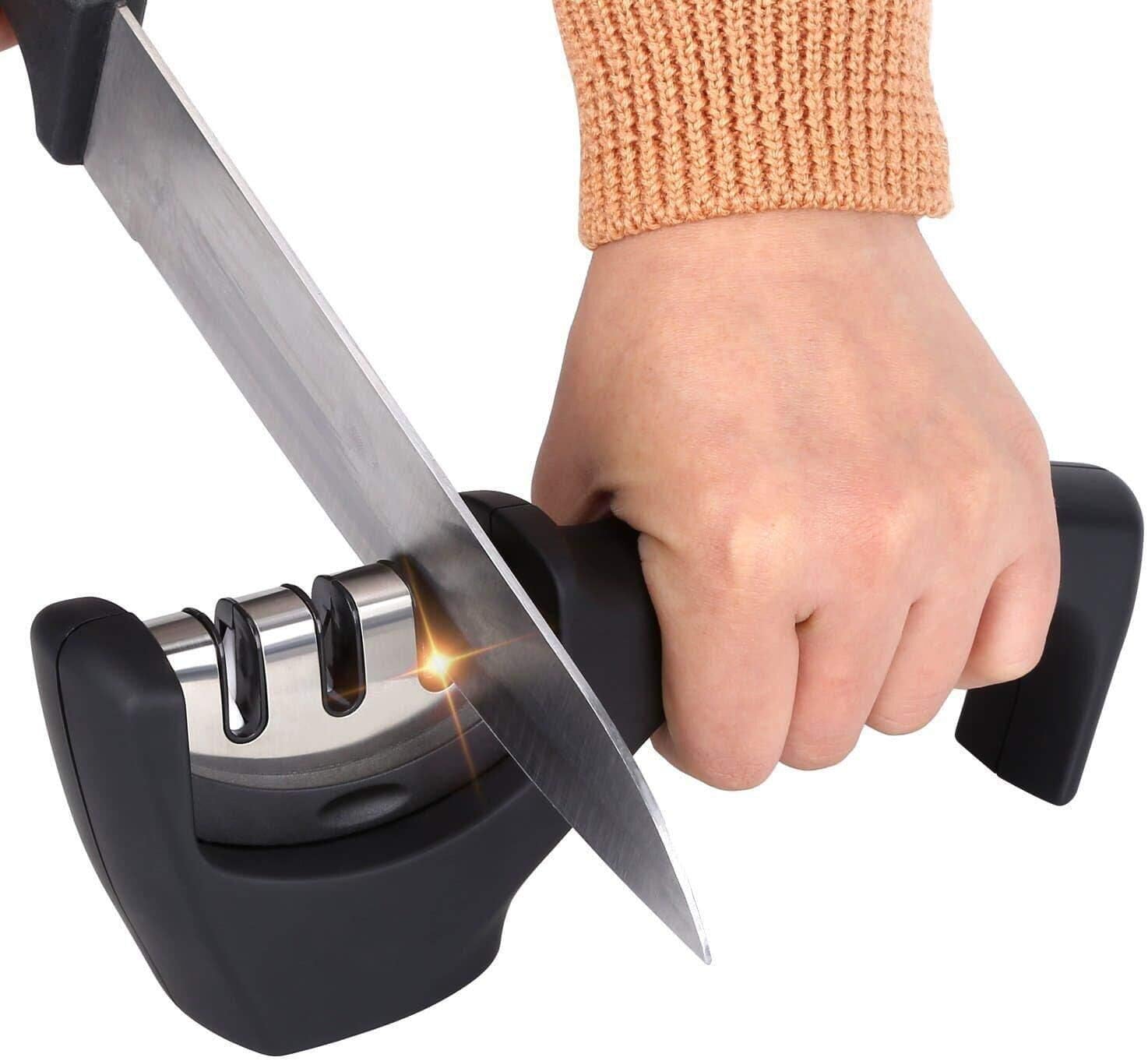 Kitchen Knife Sharpener, Manual Professional Knife Sharpeners - 3 Stage Ceramic Stone,Tungsten Carbide Plates, Diamond Rod for All-Sized Household Knives with Non-slip Base