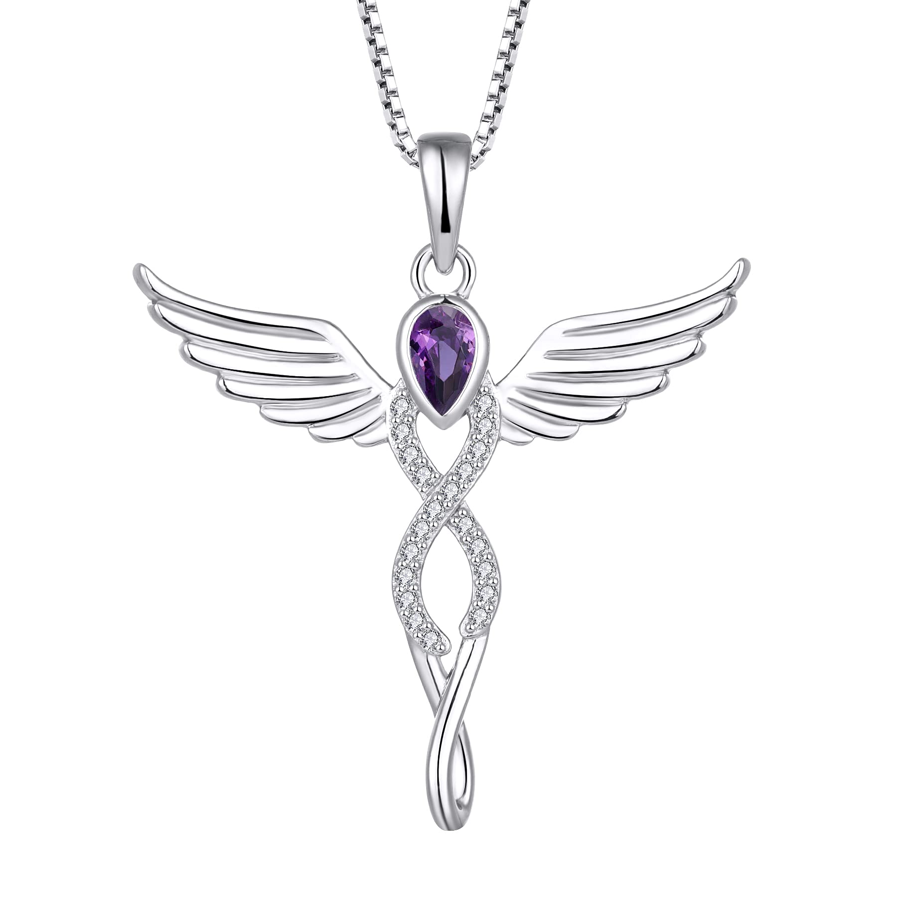 FJ Guardian Angel Necklace 925 Sterling Silver Infinity Angel Wings Pendant Amethyst Necklace February Birthstone Jewellery for Women