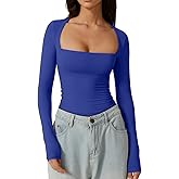 QINSEN Women's Sexy Square Neck Shirt Long Sleeve Double Lined Tees Fitted Going Out Tops