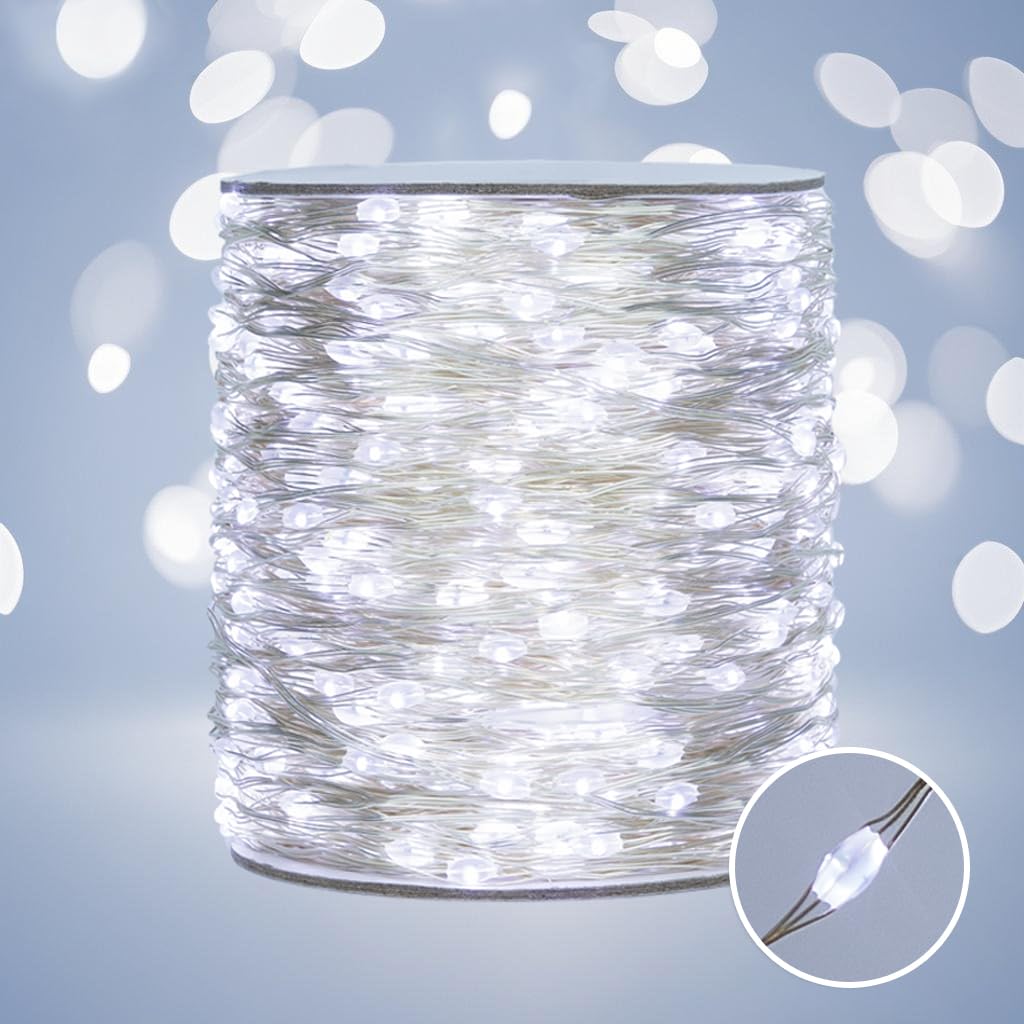 PCORES 50M Fairy Lights 500 LED Cool White Silver Wire Remote Control Indoor Outdoor Plug in String Lights for Bedroom Living Room Patio Porch Garden Christmas Tree