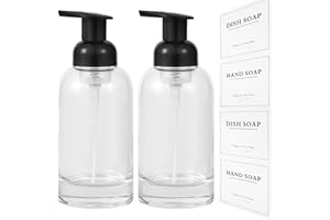 rejomiik Foaming Soap Dispenser Thick Glass Foam for Bathroom or Kitchen Sink, 12.7 oz Clear Pump Bottles for Hand soap, Body Wash, Black 2 Pack