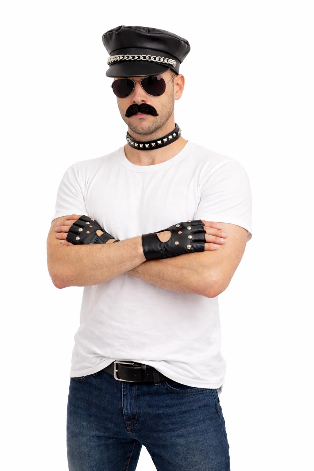 NuJake YMCA 70s 1980s Themed Biker Fancy Dress Stag Do Party Costume Set Leather Look Macho Man