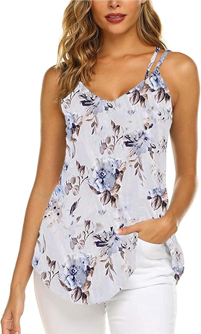 Summer Low Cut V Neck Printed Tank Tops for Women Causal Sleeveless Fitting Cami T Shirt Fashion 
