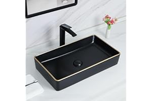 Davivy Matte Black Vessel Sink - 23.6'' x 13.4'', Rectangle, Above Counter, Ceramic with Gold Trim, Pop Up Drain