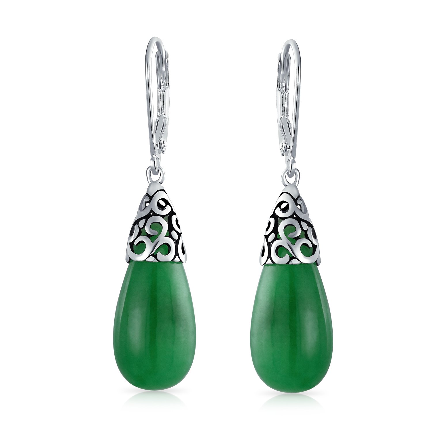 Western Style Gemstone Dyed Green Jade Elongated Teardrop Filigree Lever Back Dangle Earrings For Women .925 Sterling Silver — image 1