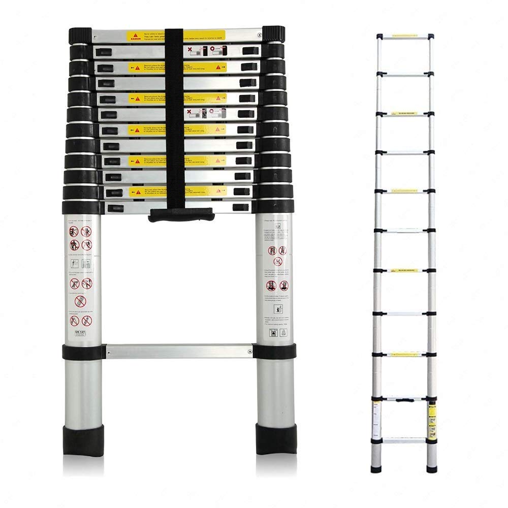 Aluminium 3.8M Telescopic Ladder - Extendable to 12.5FT, Max Load 150kg/330lb