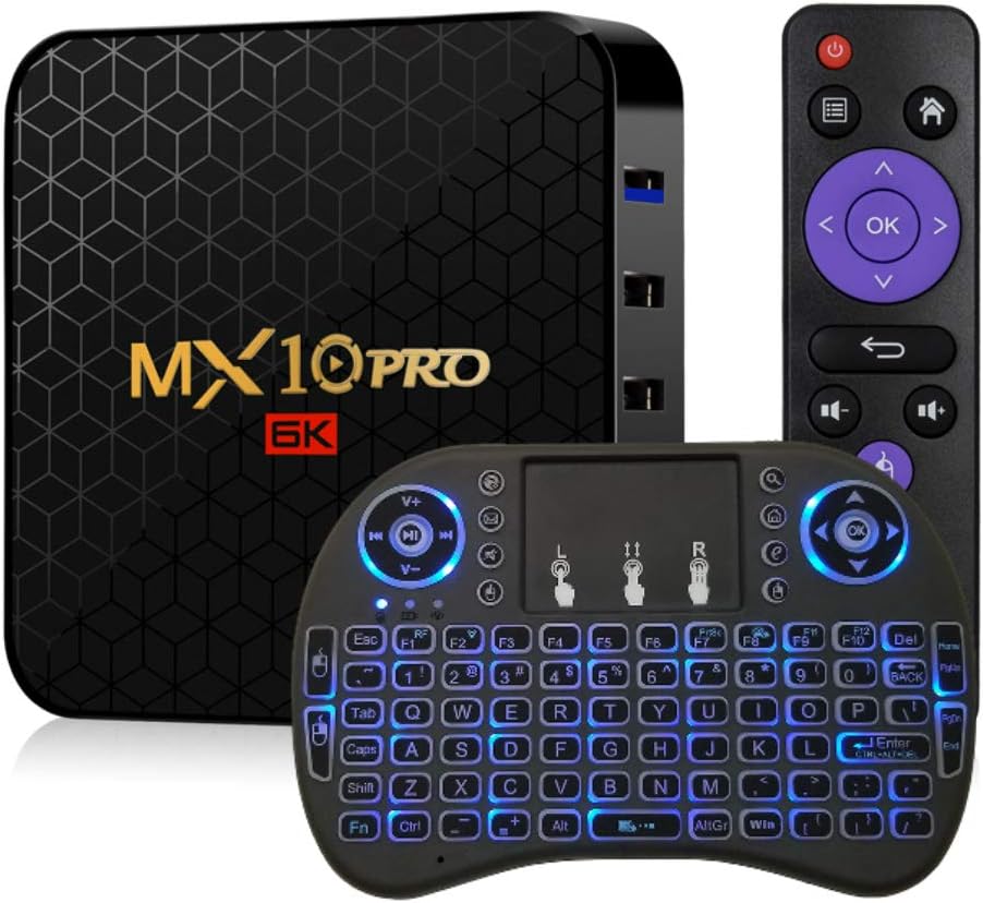 Android TV Box 9.0 Smart TV Box 4GB 32GB MX10 Pro Support USB 3.0 BT 4.1 2.4G- 5G Dual-Band Wi-Fi 3D 4K Full HD H.265 100M Ethernet Android Mini PC with Wireless Keyboard Remote (Backlit) TTV Box