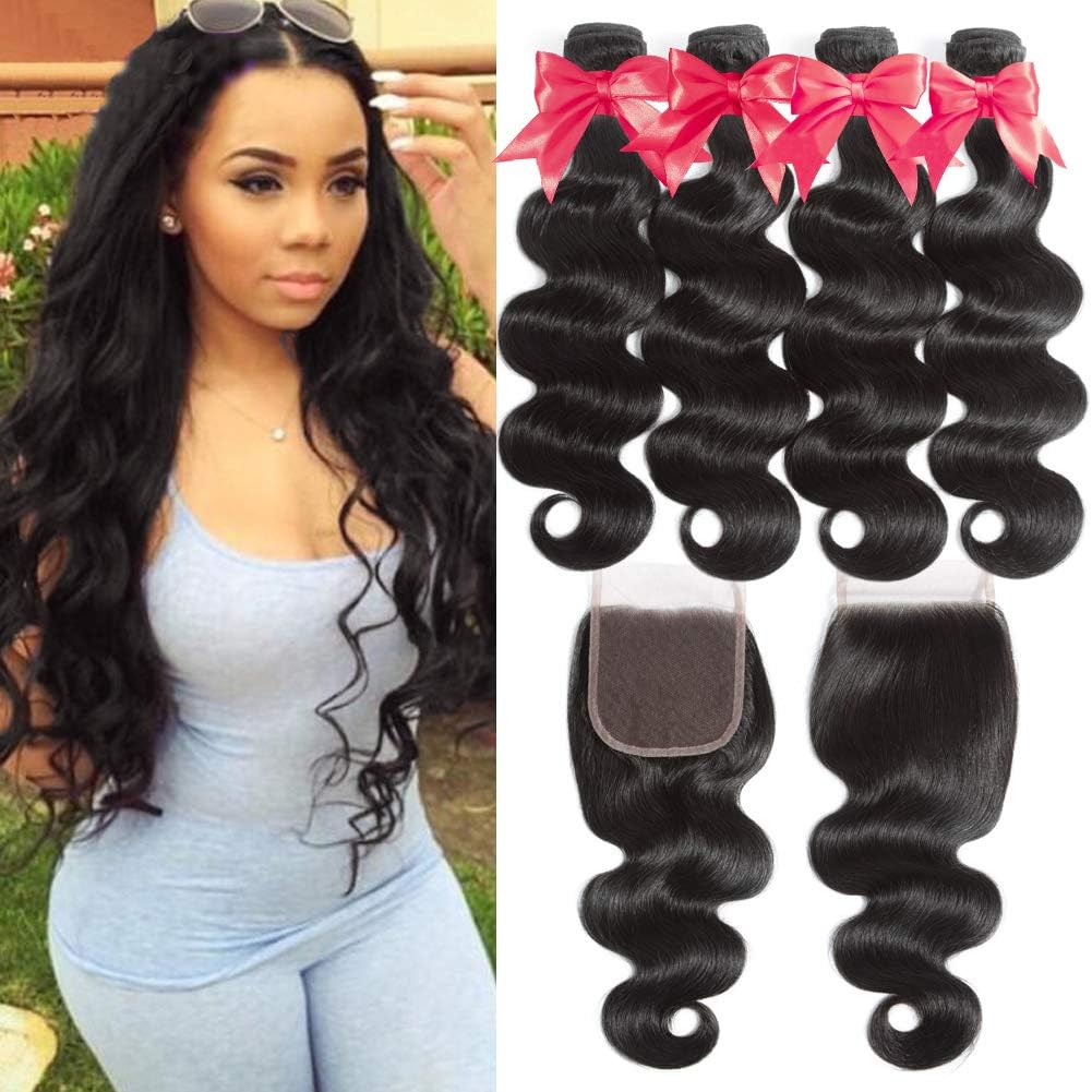 Flady 10A Brazilian Body Wave Hair 4 Bundles with Closure 100% Unprocessed Virgin Human Hair Bundles with 4x4 Free Part Closure (18 18 20 20+16inch)