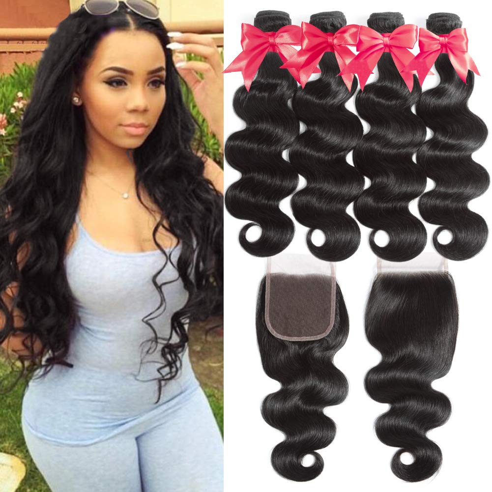 Flady 10A Brazilian Body Wave Hair 4 Bundles with Closure 100% Unprocessed Virgin Human Hair Bundles with 4x4 Free Part Closure (20 22 24 26+18)