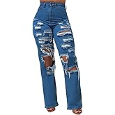 HugeNice Women's Wide Leg Jeans Casual Mid Rise Stretchy Straight Leg Denim Pants