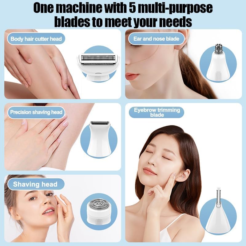 Women's Electric Shaver, 5 in 1 Multifunctional Hair Removal and Grooming, 5 Accessories (Body/Face/Eyebrows/Nose/Ears), Electric Shaver with LED Display