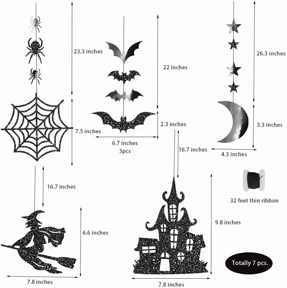 Glitter Black Halloween Party Decor Garland Kit for Party Decorations Hanging Witch Bat Spider Haunted House Star Moon Streamers Backdrop Background for Costume Birthday Party Supplies - Image 4